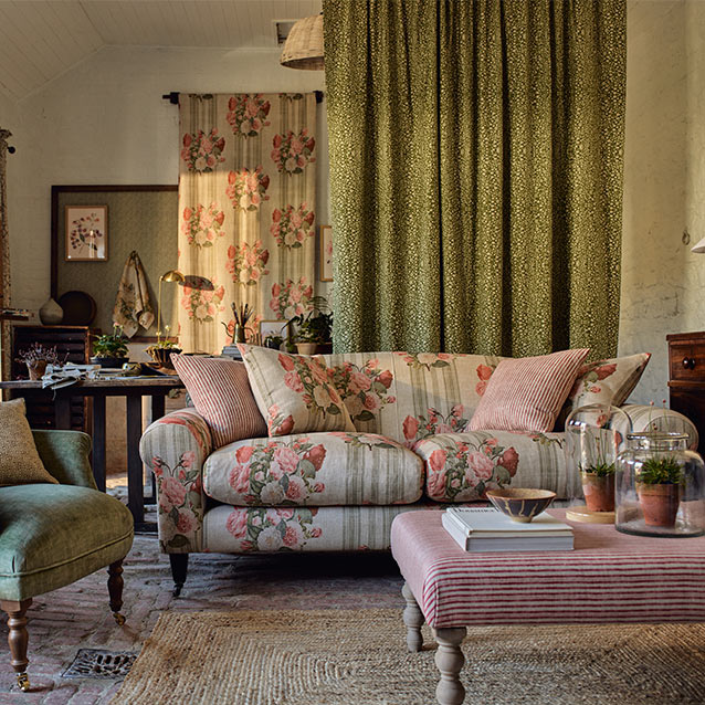 Walberswick 3 Seater Sofa in Etta's Bouquet Sunset Moss with scatters in Sussex Stripe